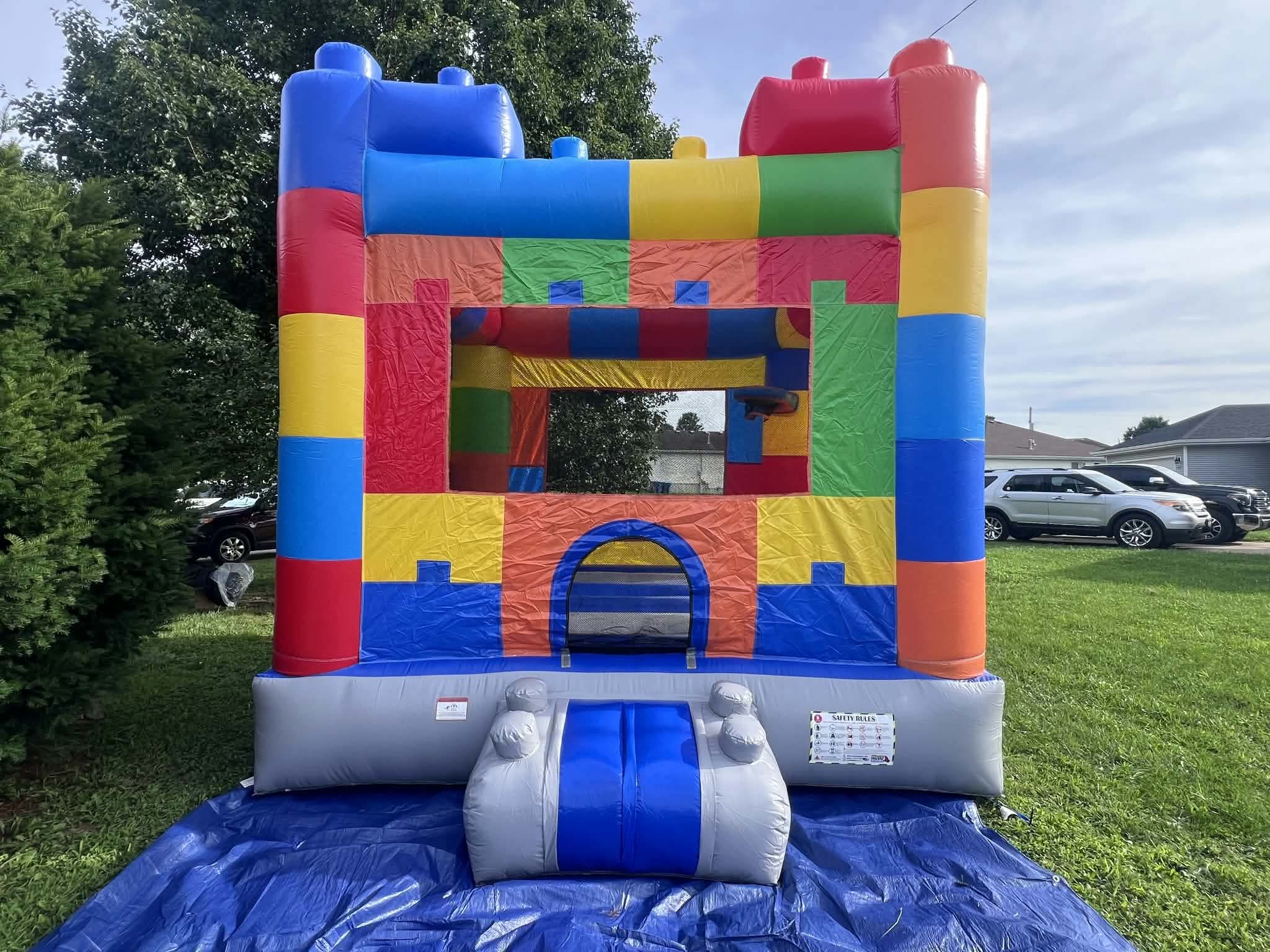 Colorful block themed bounce house rental